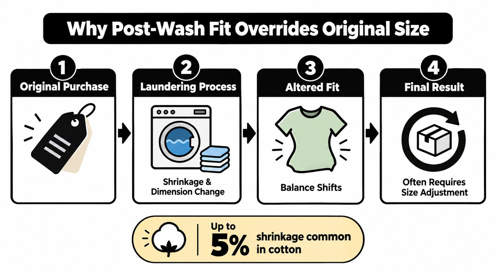 A four-step infographic illustrating how washing causes cotton t-shirts to shrink and change their overall fit.