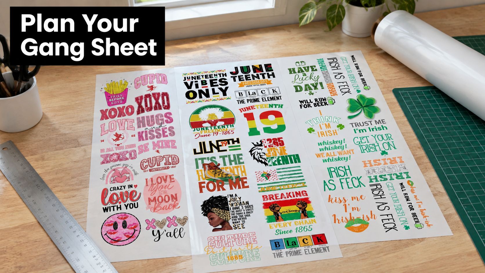 A large sheet of pre-printed heat transfer designs for clothing laid out on a wooden craft desk.