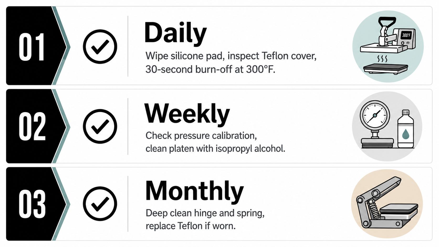 An infographic showing daily, weekly, and monthly maintenance steps for a heat press machine.