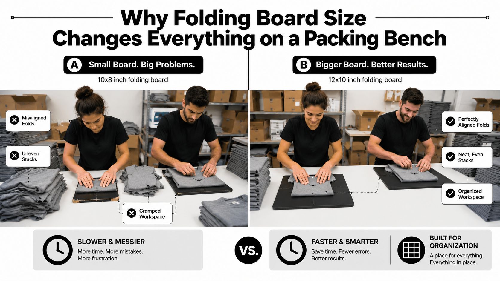 A comparison showing how a larger shirt folding board improves packing bench efficiency and organization.