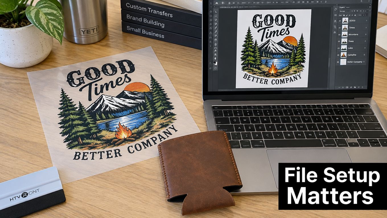 A professional desk workspace featuring a laptop displaying design software, a printed graphic decal, and a leather koozie.