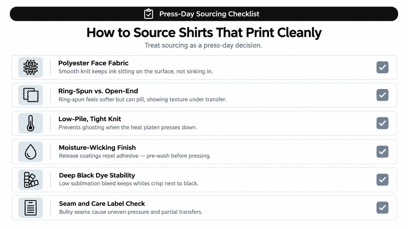 A checklist infographic detailing professional tips for sourcing shirts that provide clean and high-quality heat transfer prints.