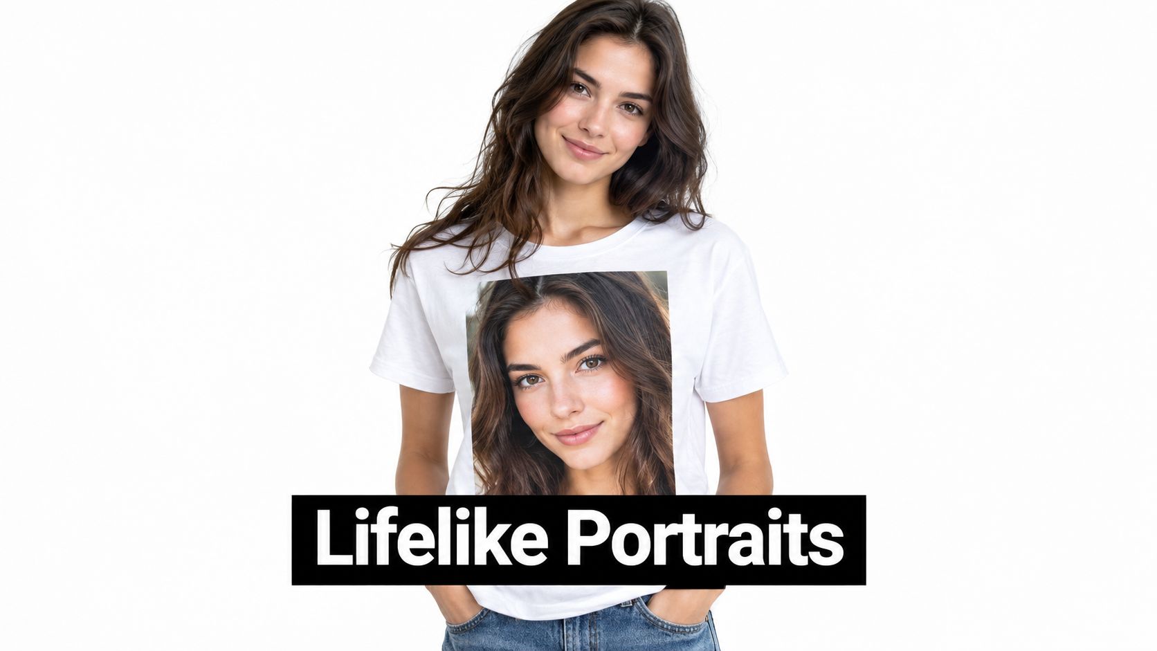 A young woman wearing a white t-shirt featuring her own lifelike portrait printed on the front.