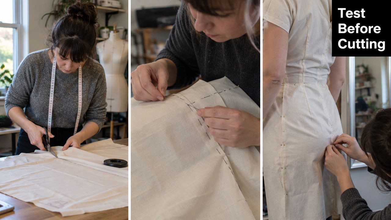 A woman tailoring a garment, cutting fabric and pinning a muslin mockup for a custom fit.