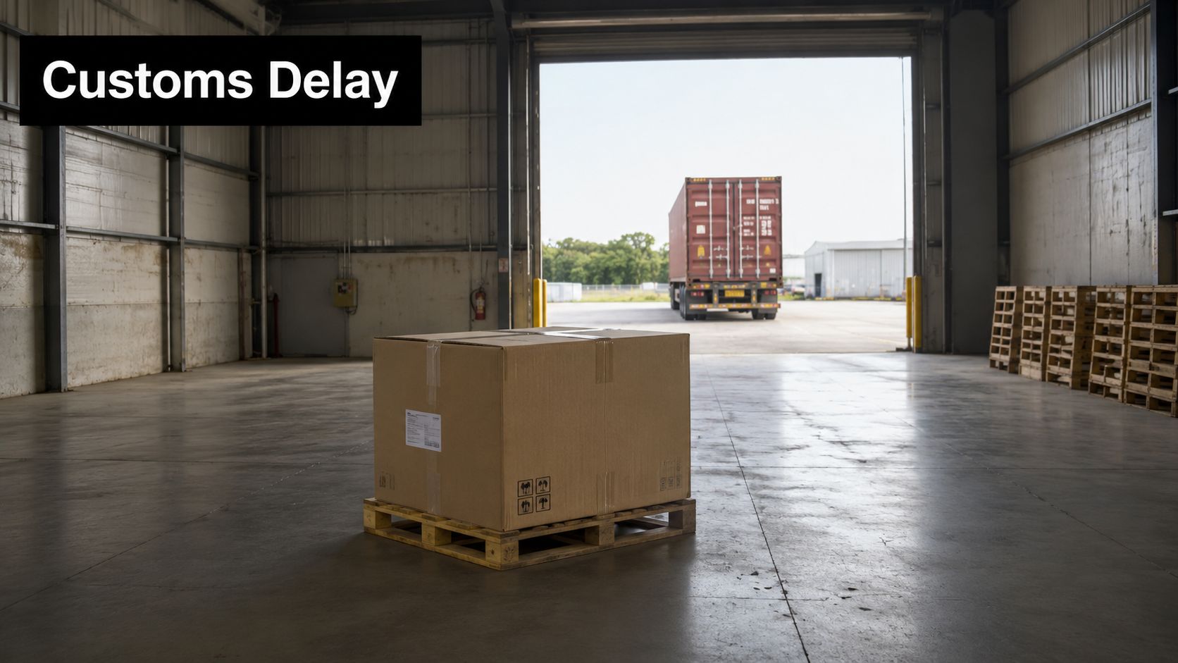 A large cardboard shipping box sits alone on a wooden pallet inside a warehouse facility.