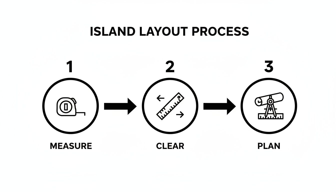A three-step visual guide outlining the island layout process, featuring measure, clear, and plan steps.