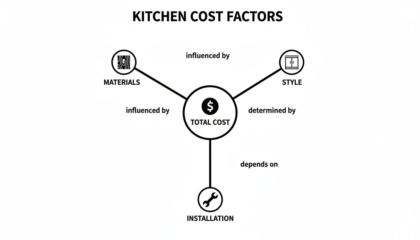 A diagram illustrates kitchen cost factors, showing materials, style, and installation influencing total cost.