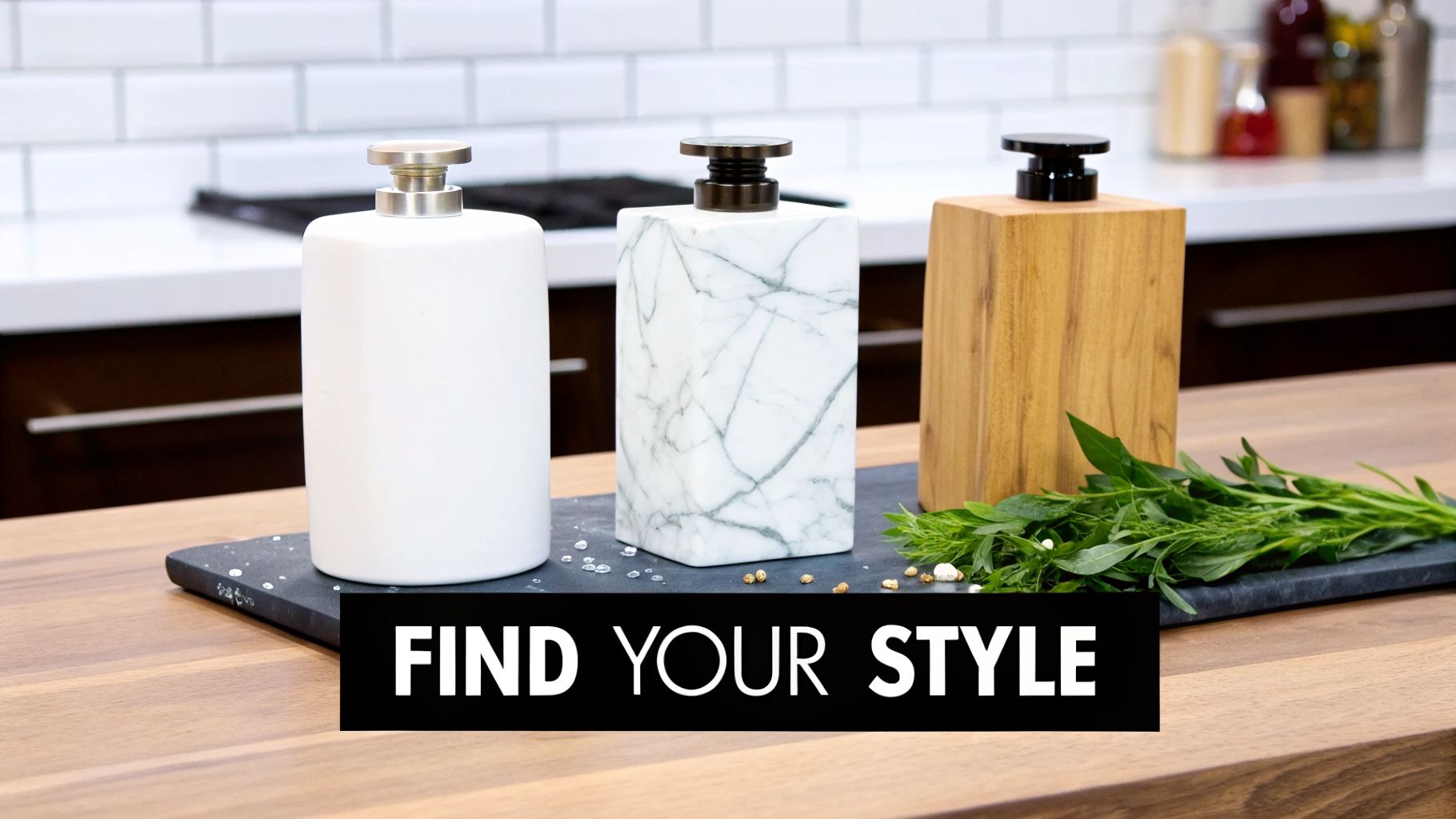 Three stylish soap dispensers (white, marble, wood) on a kitchen countertop with fresh herbs.