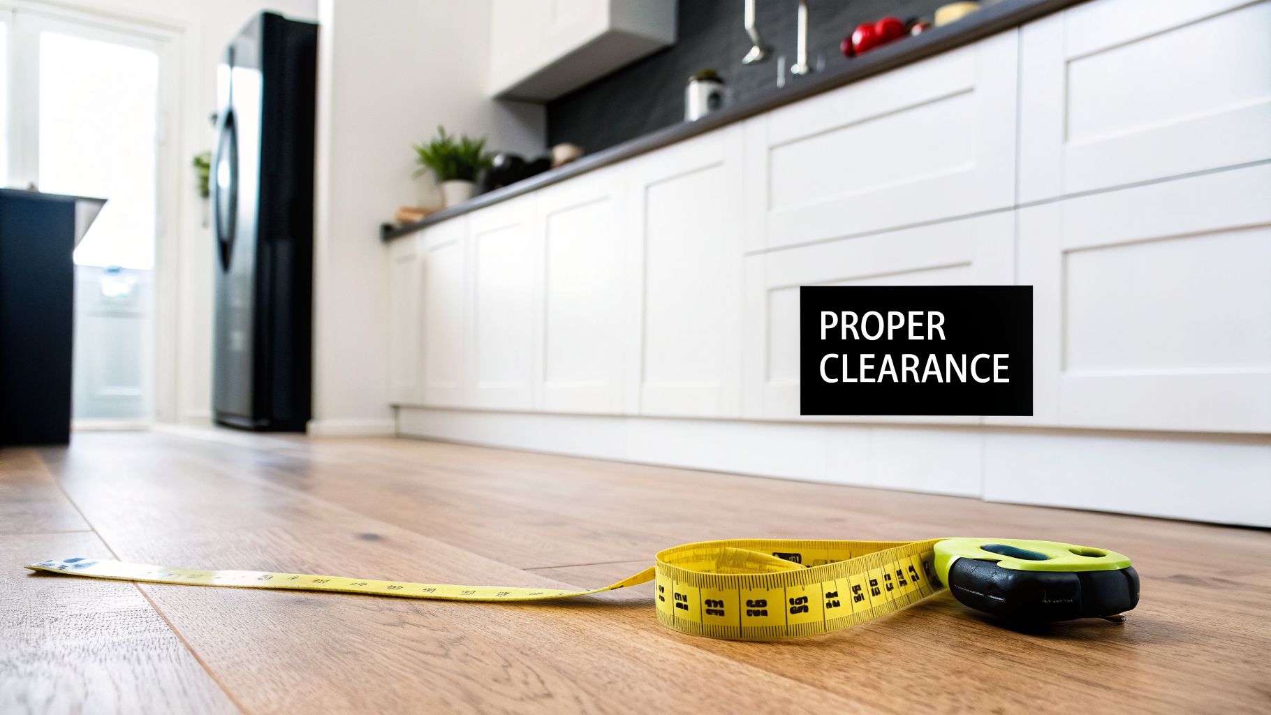 A yellow measuring tape lies on a wooden floor in a modern kitchen with white cabinets. Text: Proper Clearance.