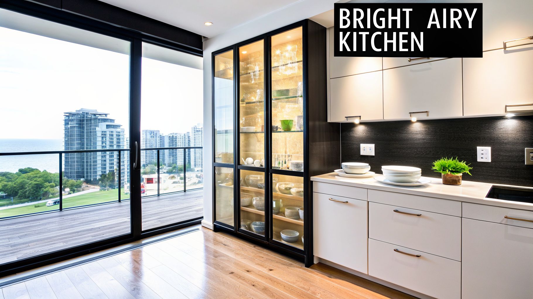 A bright, modern kitchen interior featuring white cabinets, glass display cases, and a balcony with an ocean view.