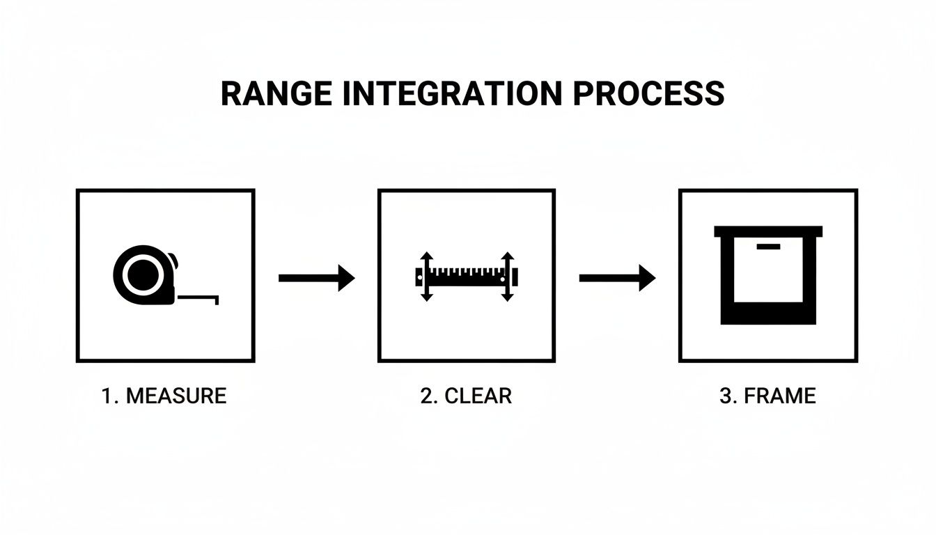 A clear diagram showing the 3-step range integration process: measure, clear, and frame with icons.