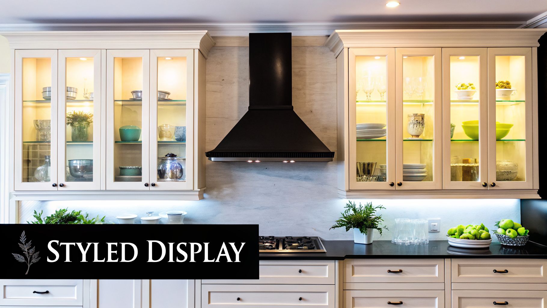 A stylish kitchen features cream glass-door cabinets, a black range hood, and a dark countertop.