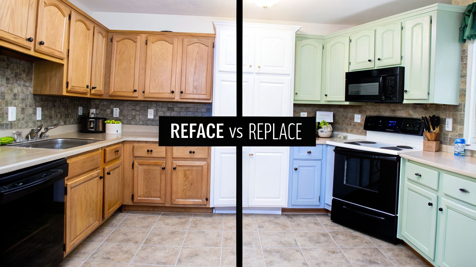 A split image showing a kitchen with light wood cabinets before renovation and colorful painted cabinets after.