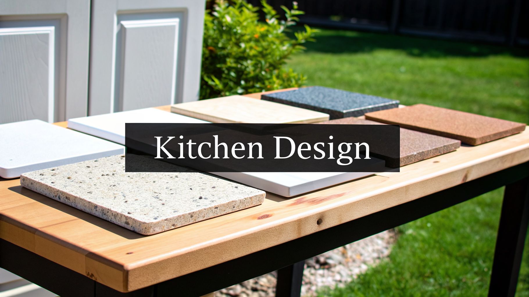 Various samples of quartz and granite countertops displayed on a wooden table for kitchen design ideas.