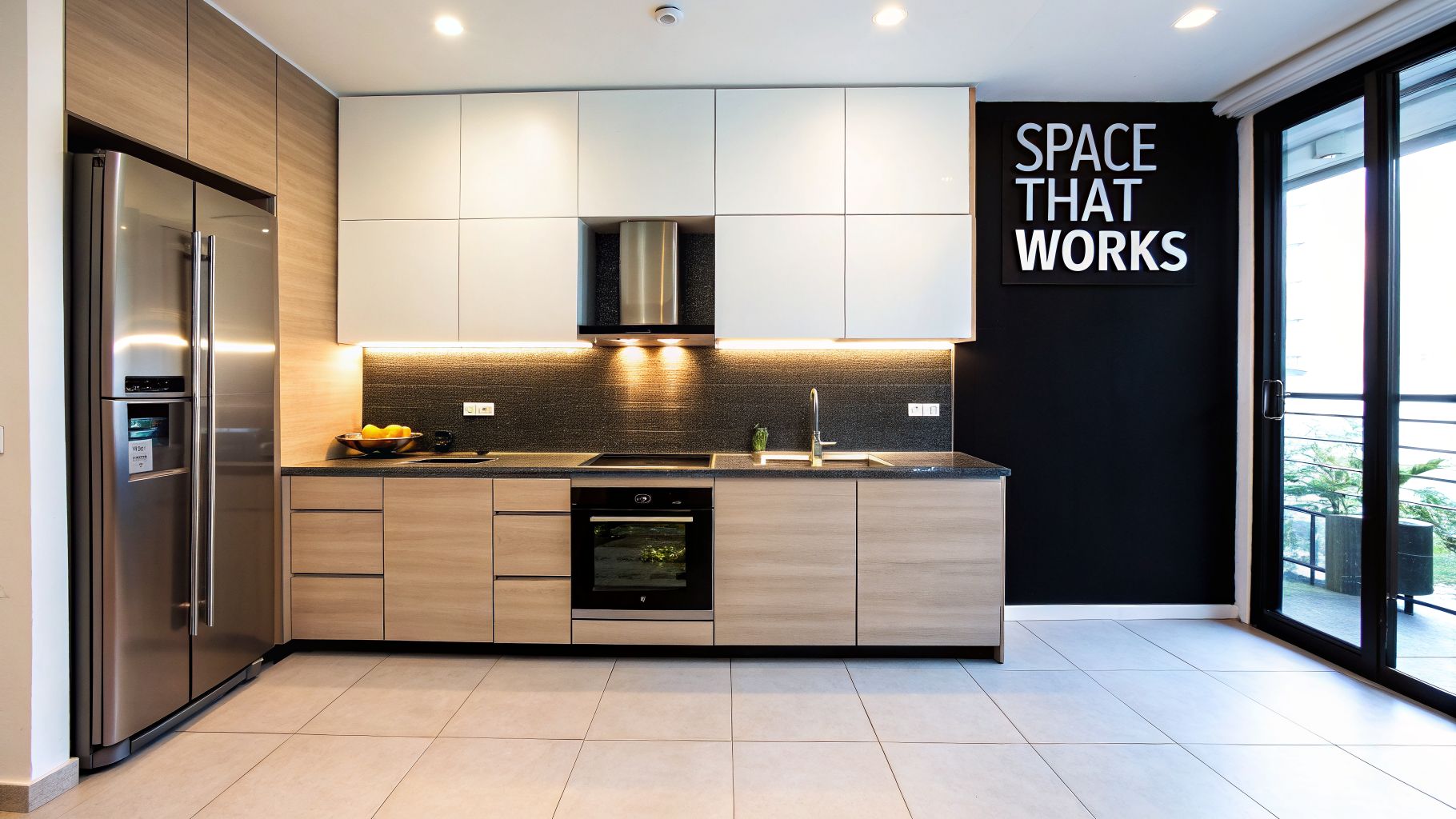 A modern kitchen with light wood and white cabinets, stainless steel appliances, and a black accent wall.