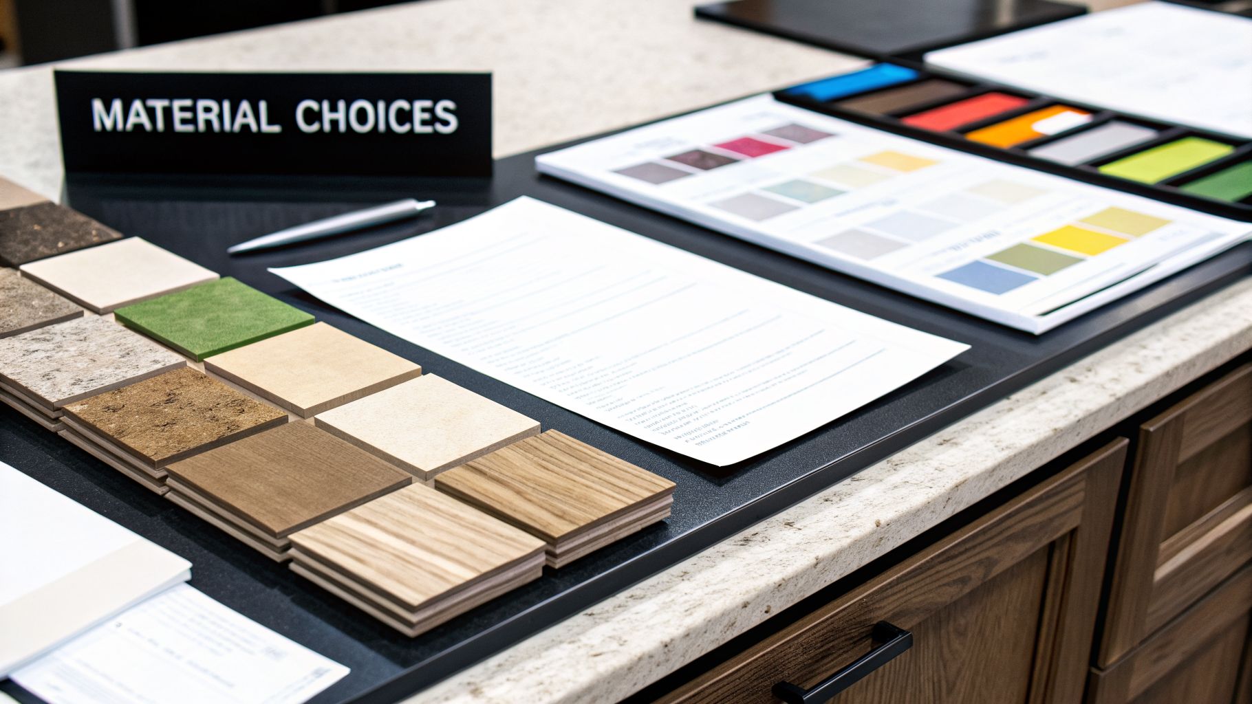 A counter display featuring various material samples, color swatches, and design documents for renovation projects.