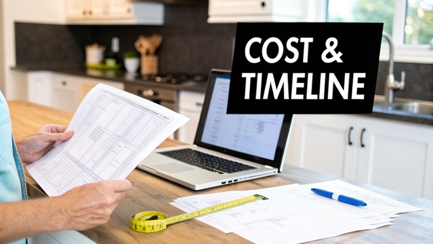 A person reviews renovation documents, comparing costs and timelines on a laptop in a modern kitchen.