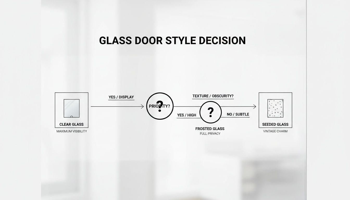 Flowchart guiding glass door style selection, offering clear, frosted, or seeded glass based on needs.