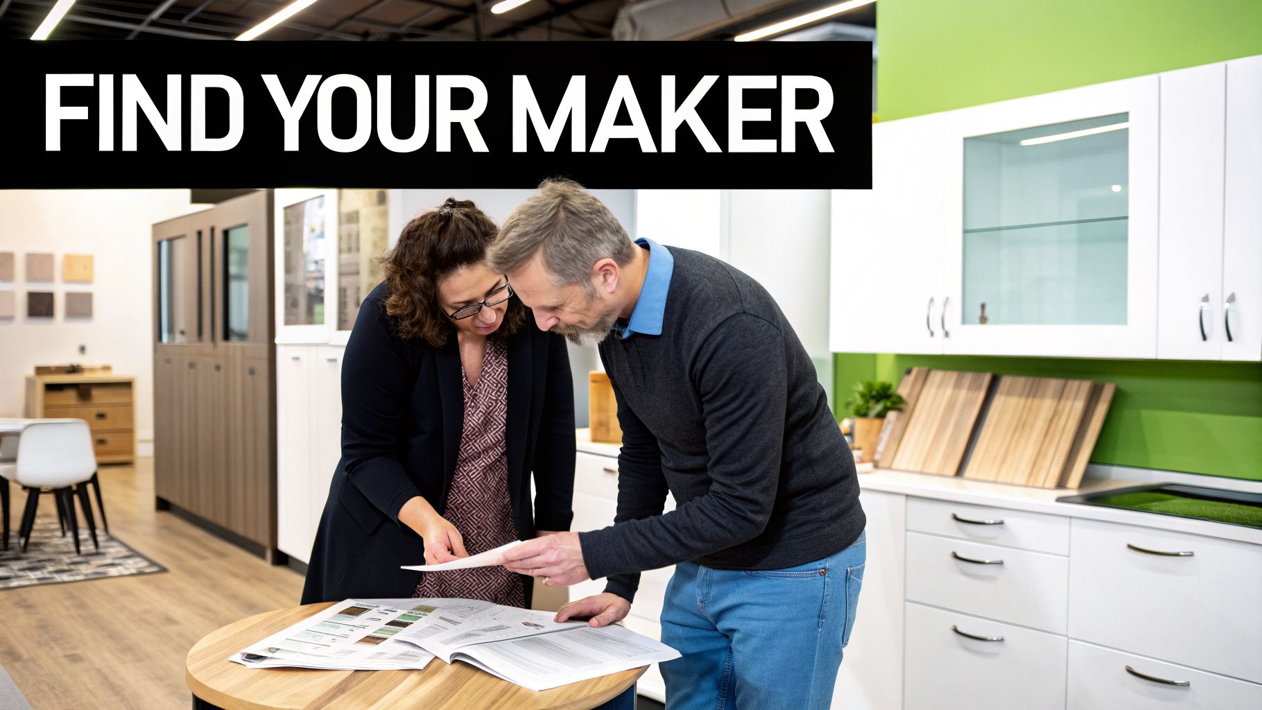 Two adults review design options in a modern kitchen and home furniture showroom.
