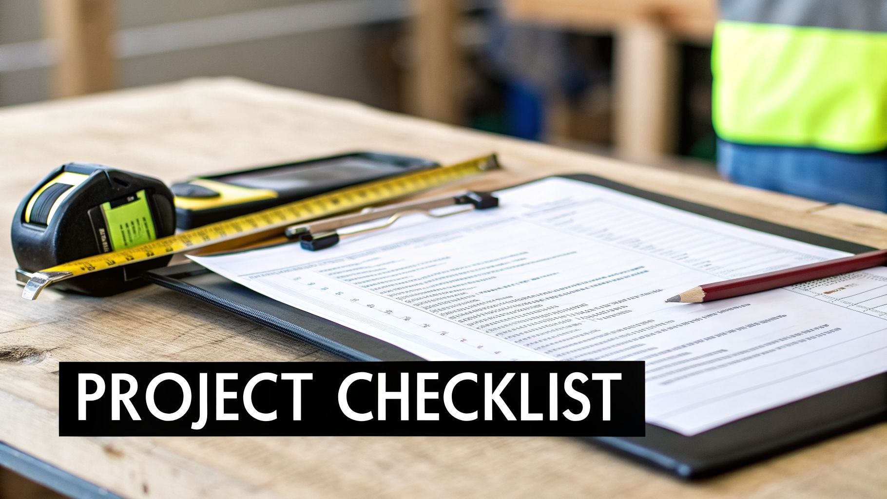 A construction project checklist on a wooden desk with a tape measure, level, and pencil.