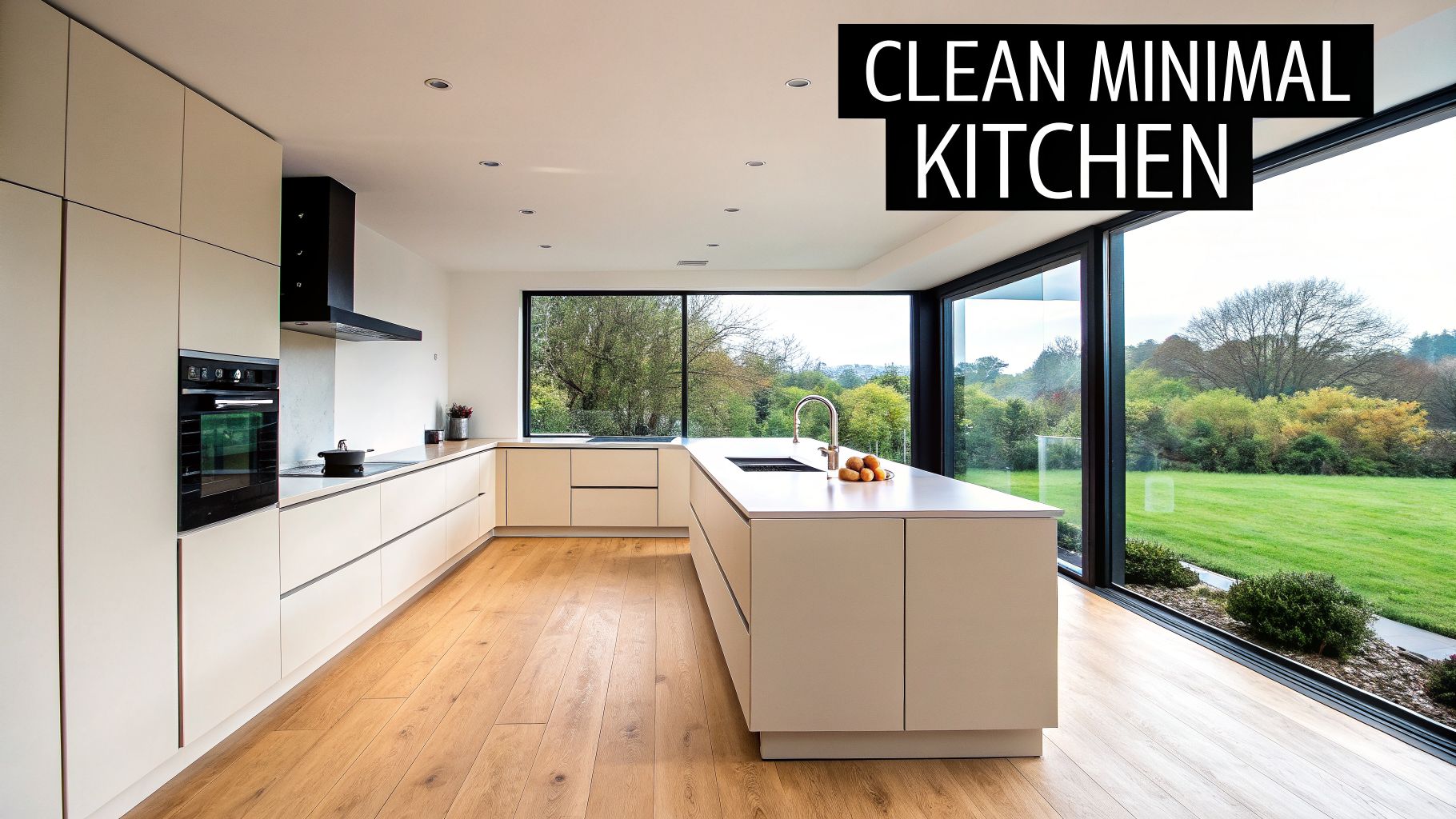 A spacious, clean minimal kitchen featuring white cabinets, a central island, modern appliances, and large windows overlooking a green landscape.