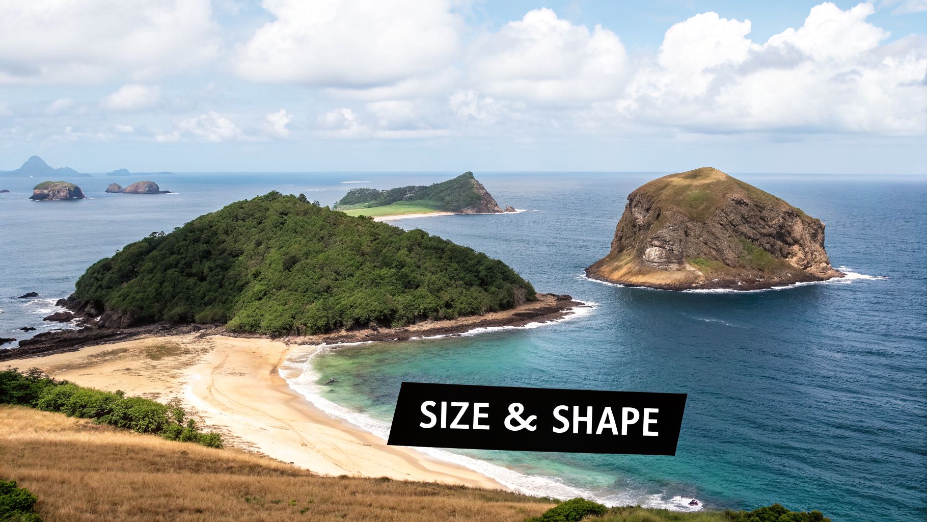 Aerial view of a scenic tropical coastline with lush green islands, sandy beaches, and turquoise ocean.