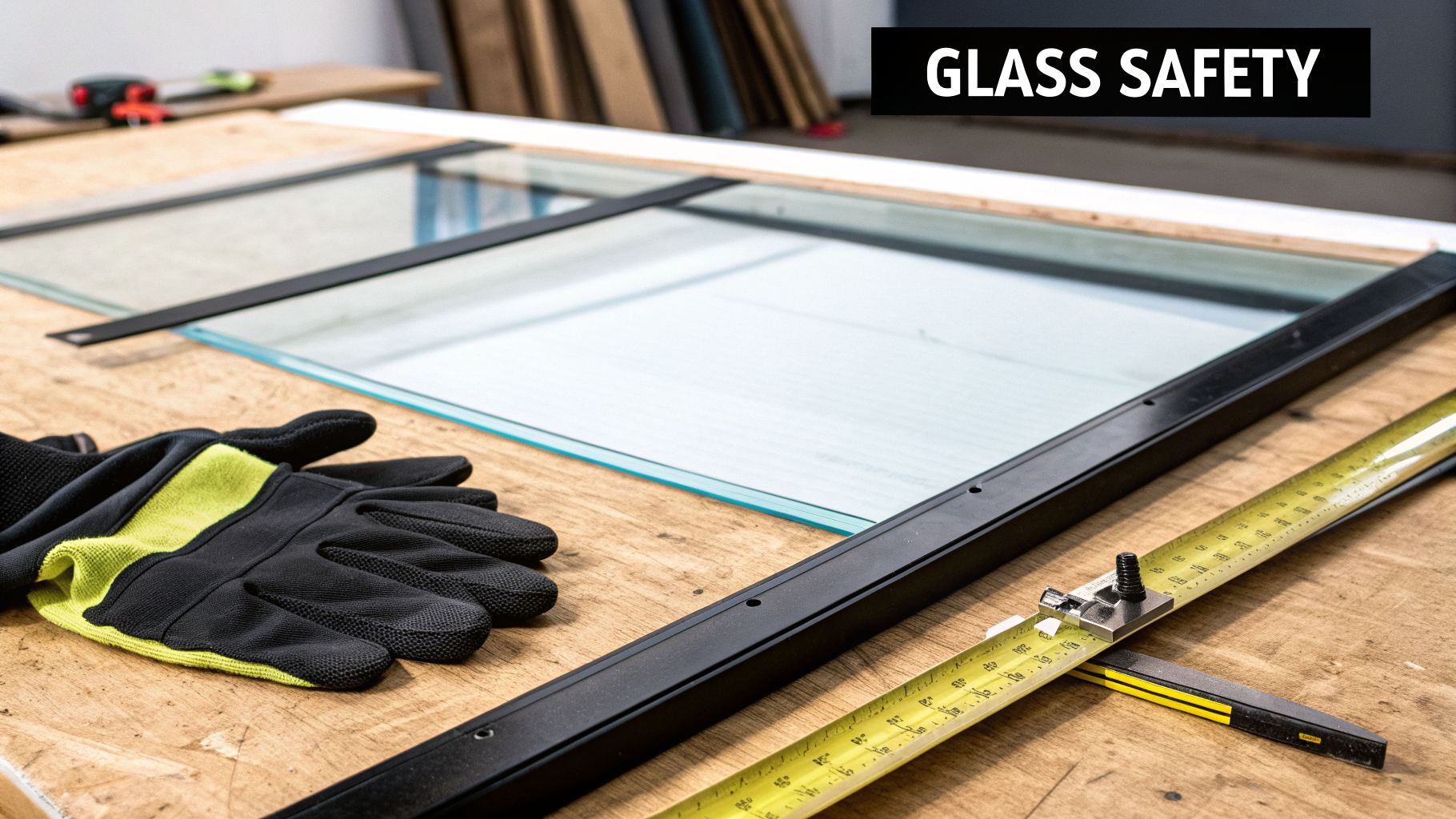 Safety gloves, measuring tape, and large glass pane on a workbench, promoting glass safety.
