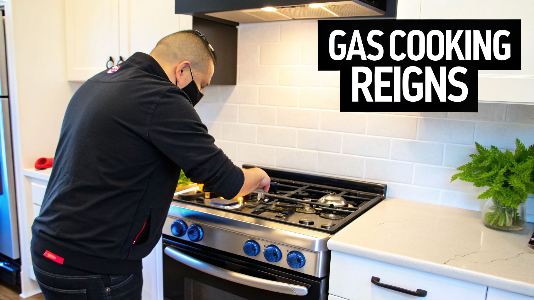 A man in a black shirt and mask cooks on a stainless steel gas range in a modern kitchen.