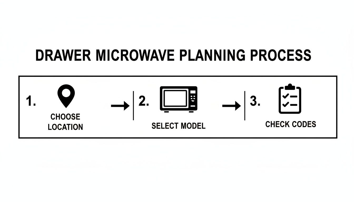A step-by-step diagram outlining the drawer microwave planning process, including choosing location, selecting a model, and checking codes.