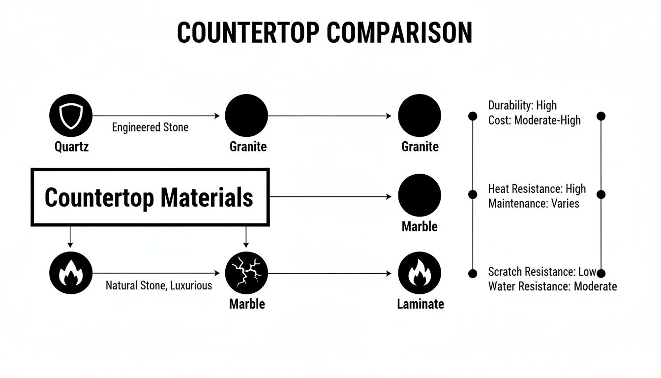 A diagram comparing various countertop materials like Quartz, Granite, Marble, and Laminate, with properties.