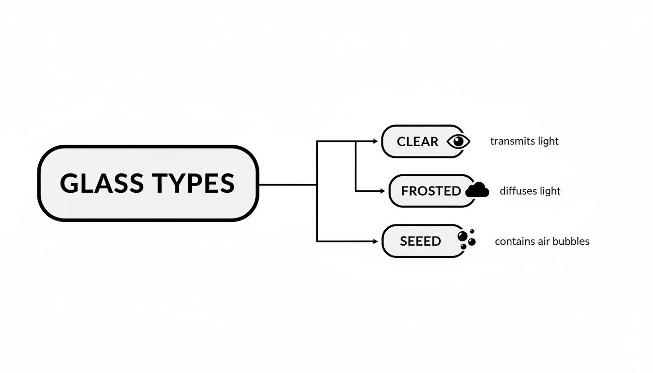 A mind map illustrates glass types: clear, frosted, and seeded, detailing their light transmission properties.