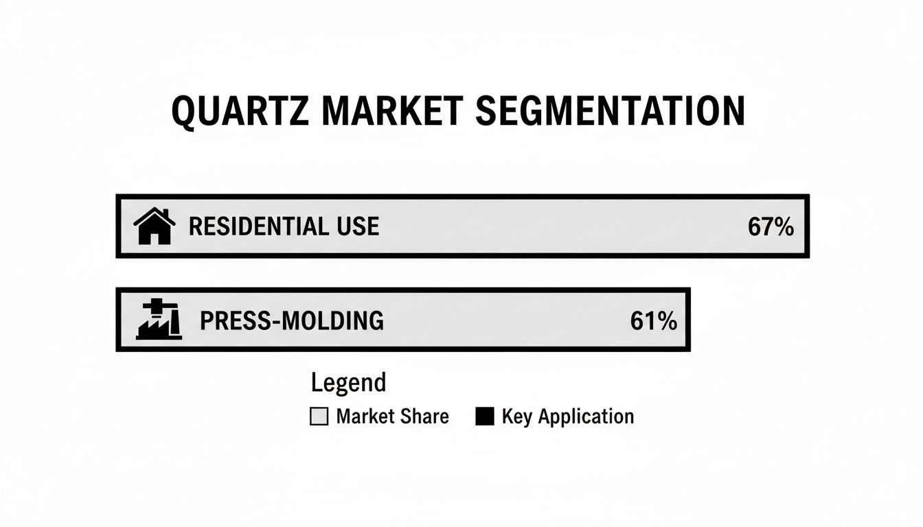 Quartz market segmentation chart showing residential use at 67% and press-molding at 61%.