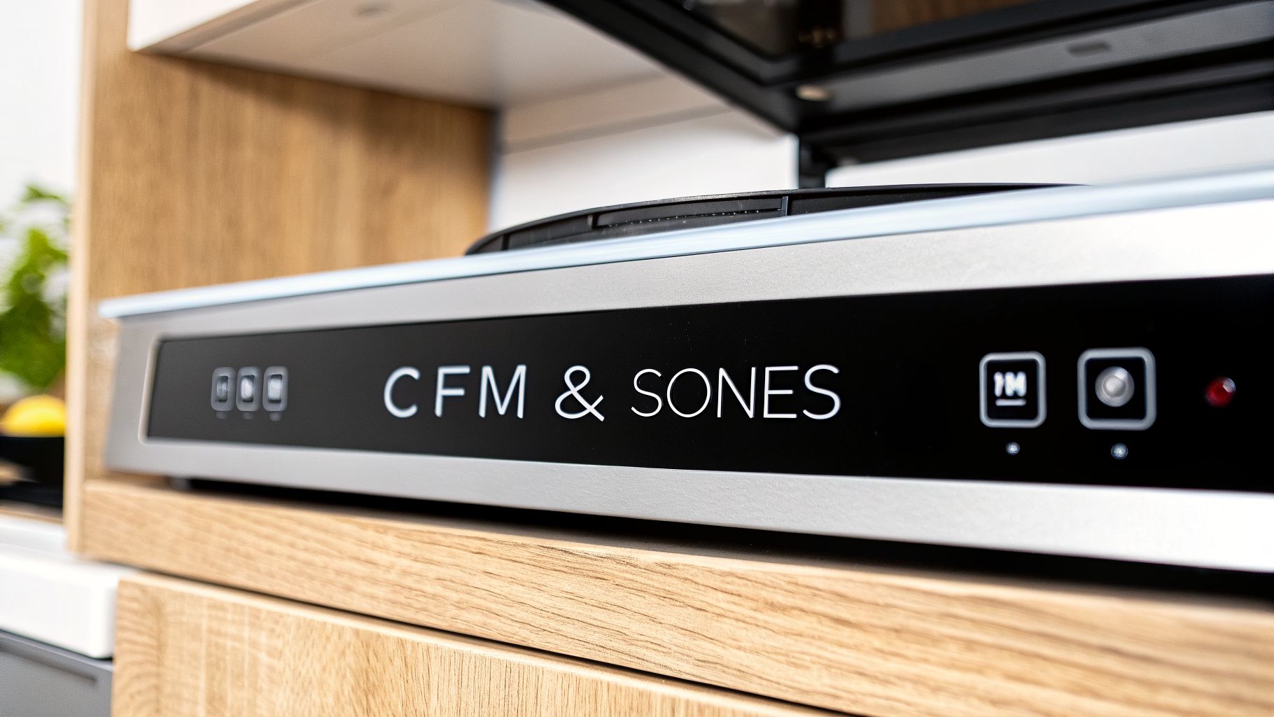 Close-up of a modern range hood control panel displaying 'CFM & SONES' with buttons.