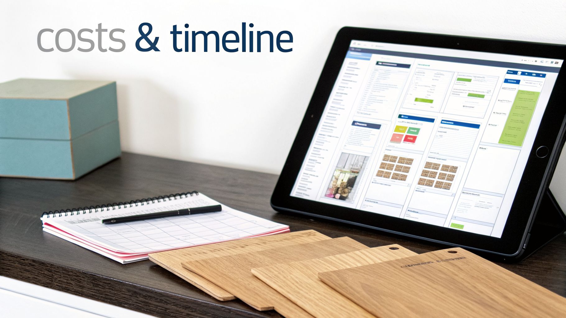 A tablet displays project planning software with wood samples and a notebook, illustrating costs and timeline.