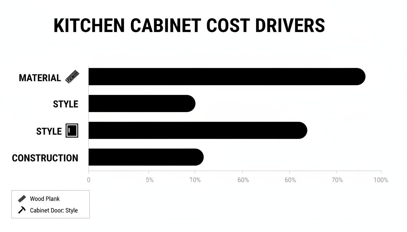 Horizontal bar chart showing kitchen cabinet cost drivers by material, style, and construction.