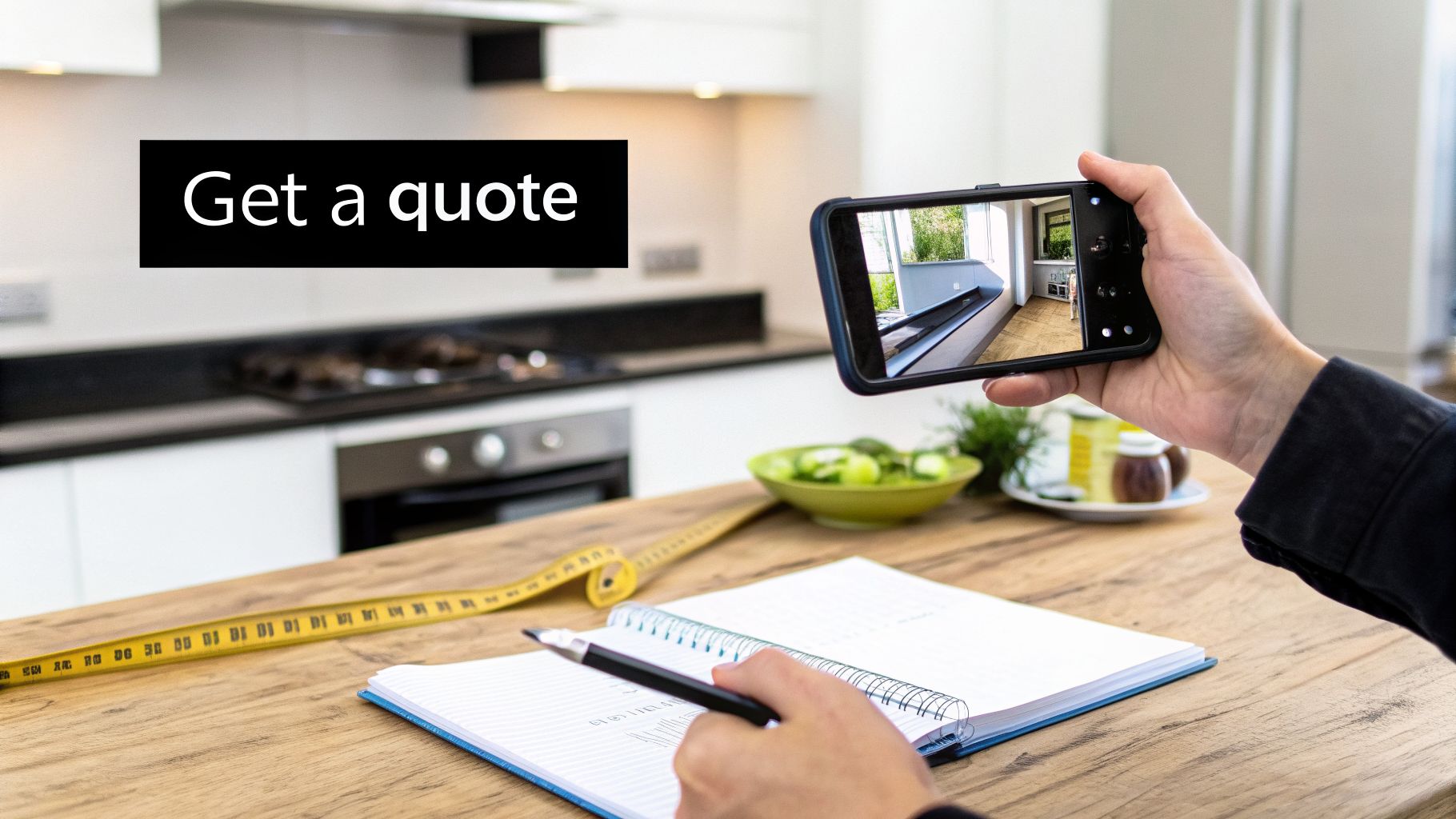 Person holds a smartphone photographing a kitchen, with a notebook and measuring tape on a table. 'Get a quote' text.