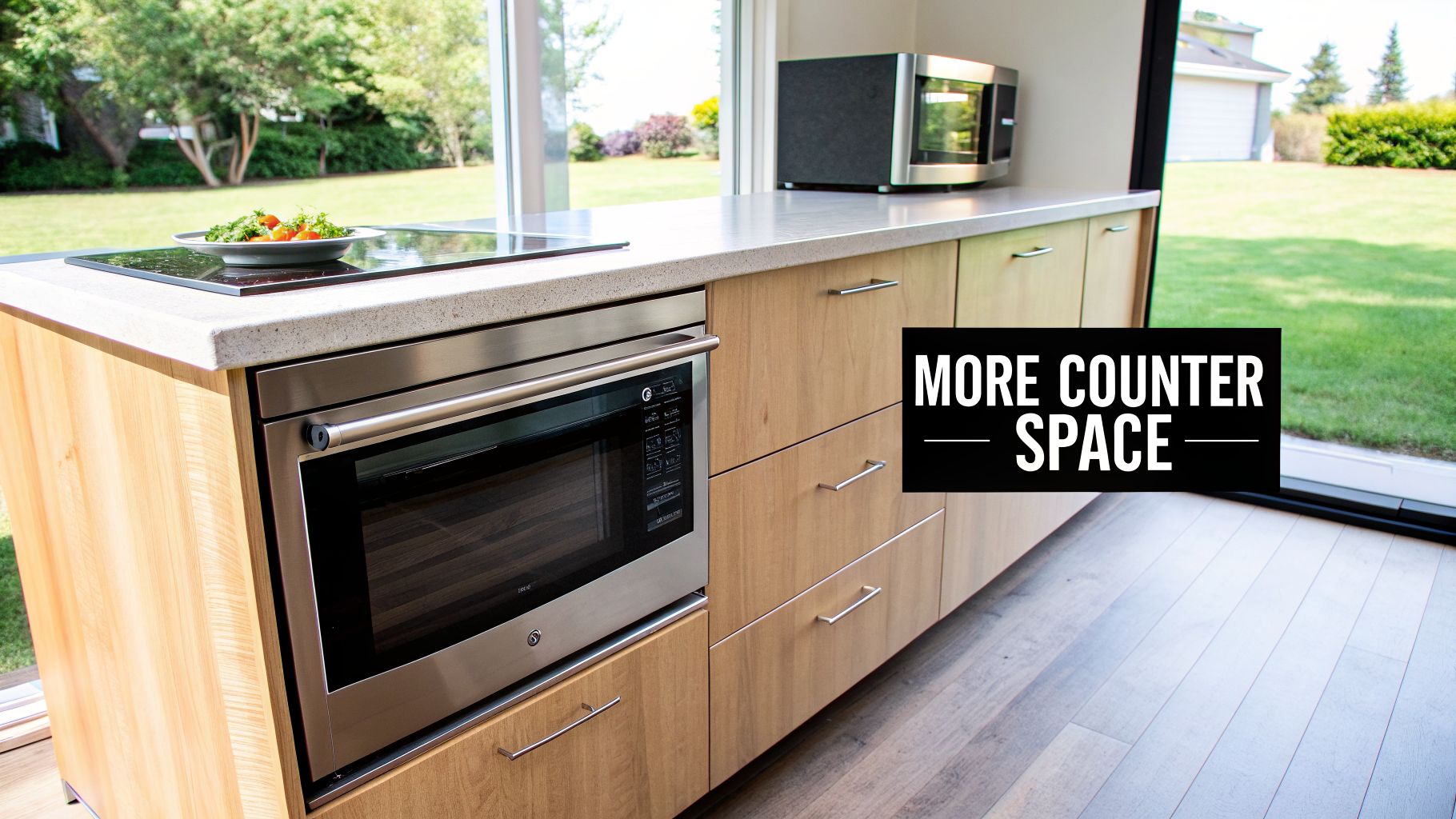 Modern kitchen with light wood cabinets, a built-in microwave drawer, and ample counter space overlooking a garden.
