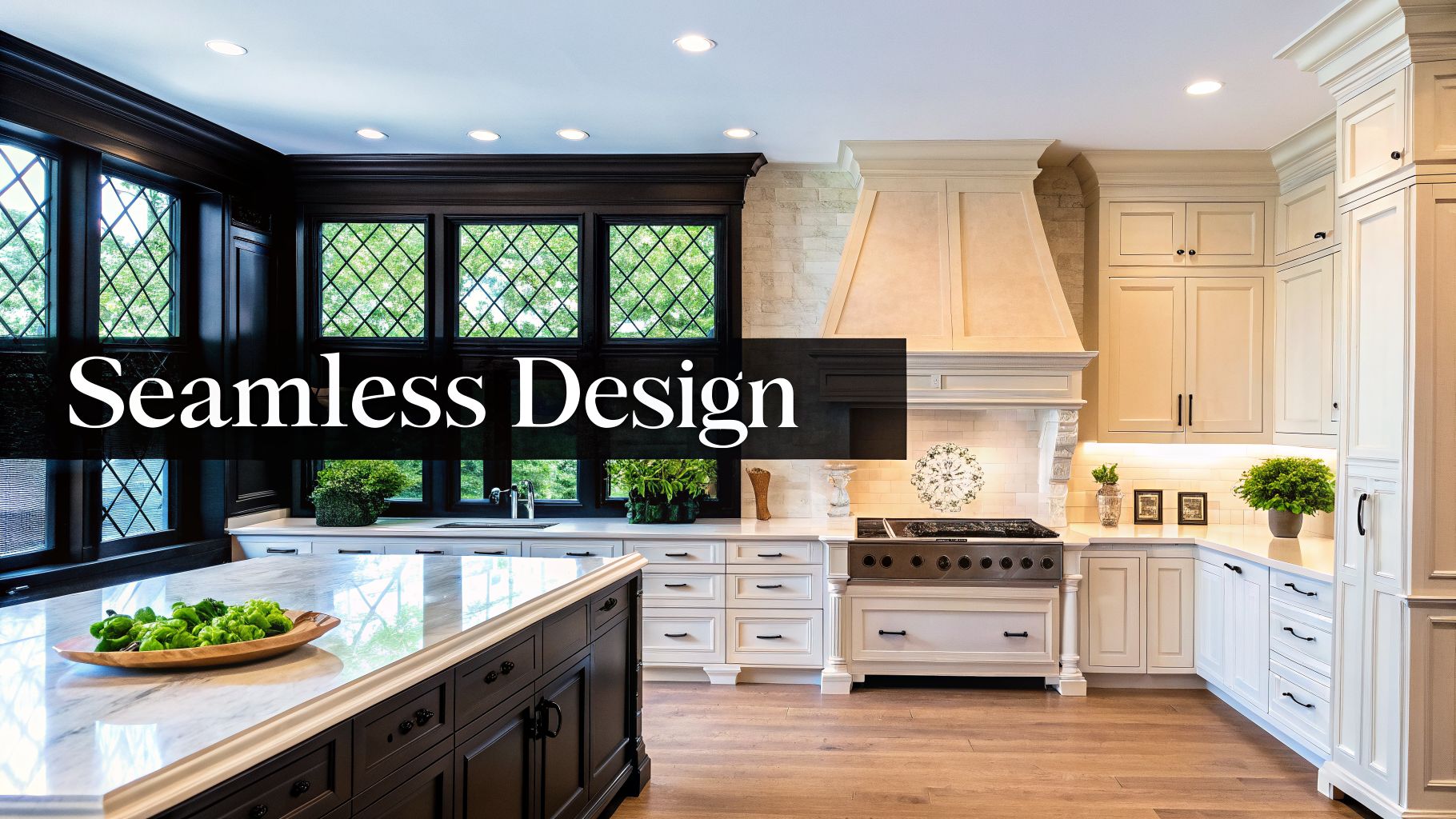A luxurious kitchen with dark wood cabinets, white marble island, and a prominent range hood.