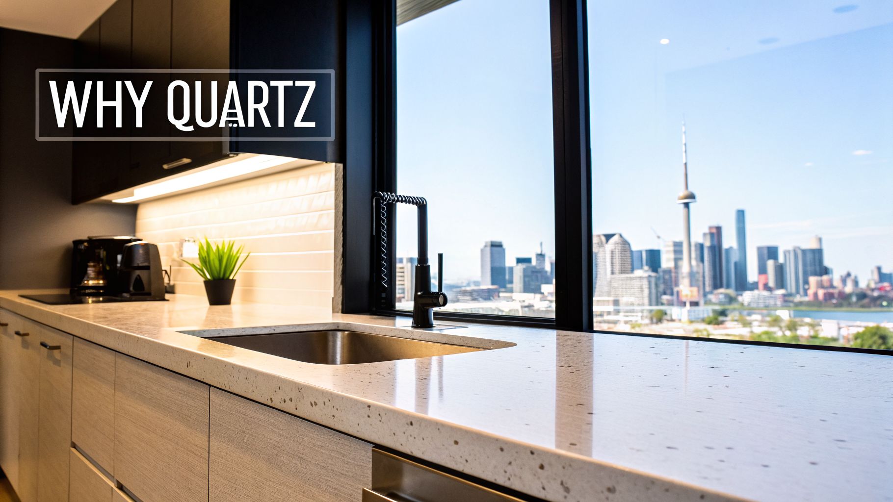 A modern kitchen featuring speckled white quartz countertops, a black faucet, and a stunning Toronto city skyline view.