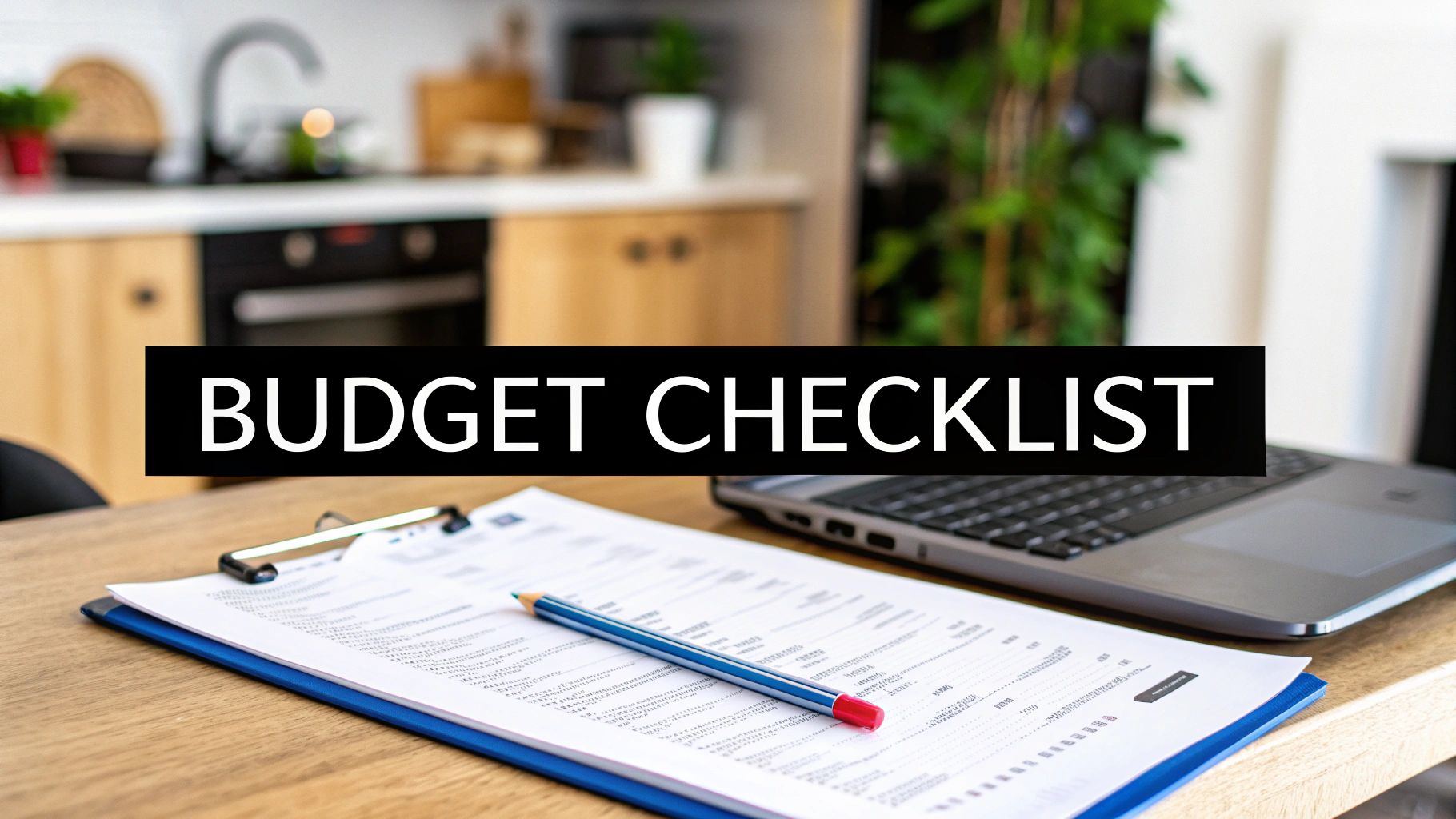 A 'BUDGET CHECKLIST' banner over a desk with a clipboard, pencil, and laptop in a home setting.