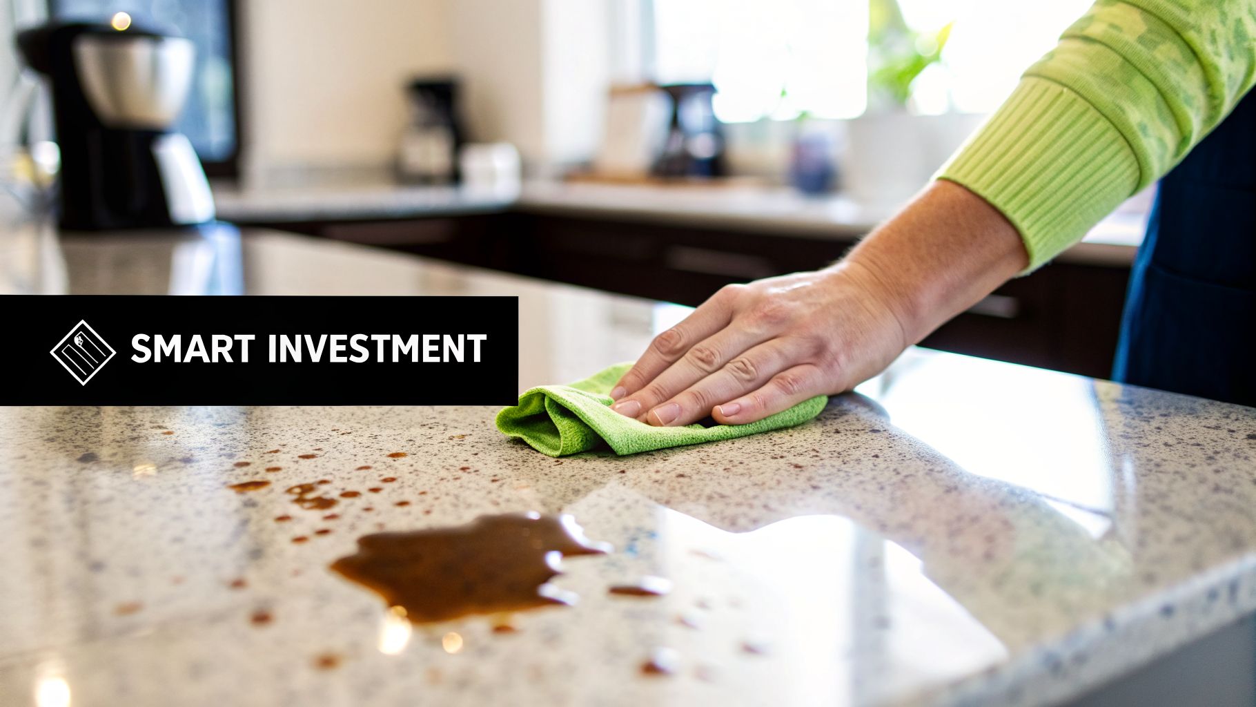 A hand wipes a coffee spill on a durable kitchen countertop with a green cloth, highlighting easy cleanup.