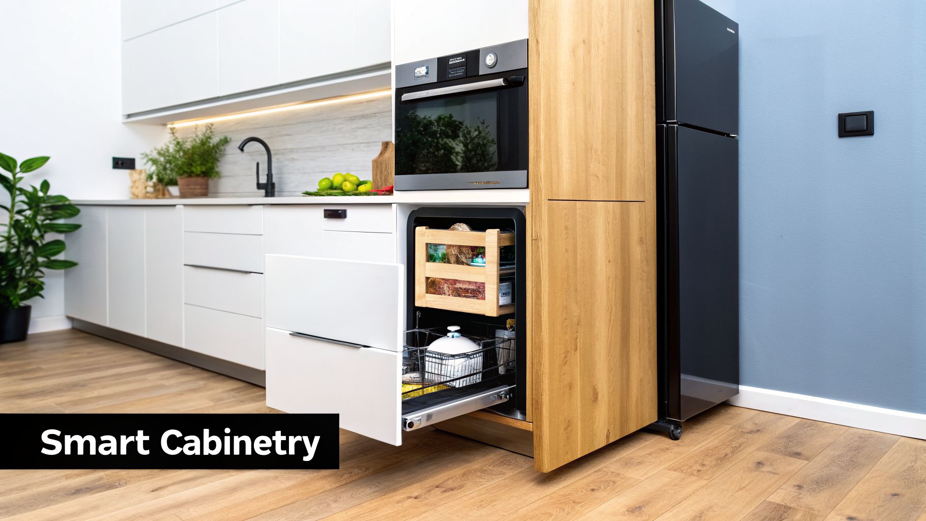 A modern kitchen with white and wood cabinetry, built-in oven, and smart storage solutions.