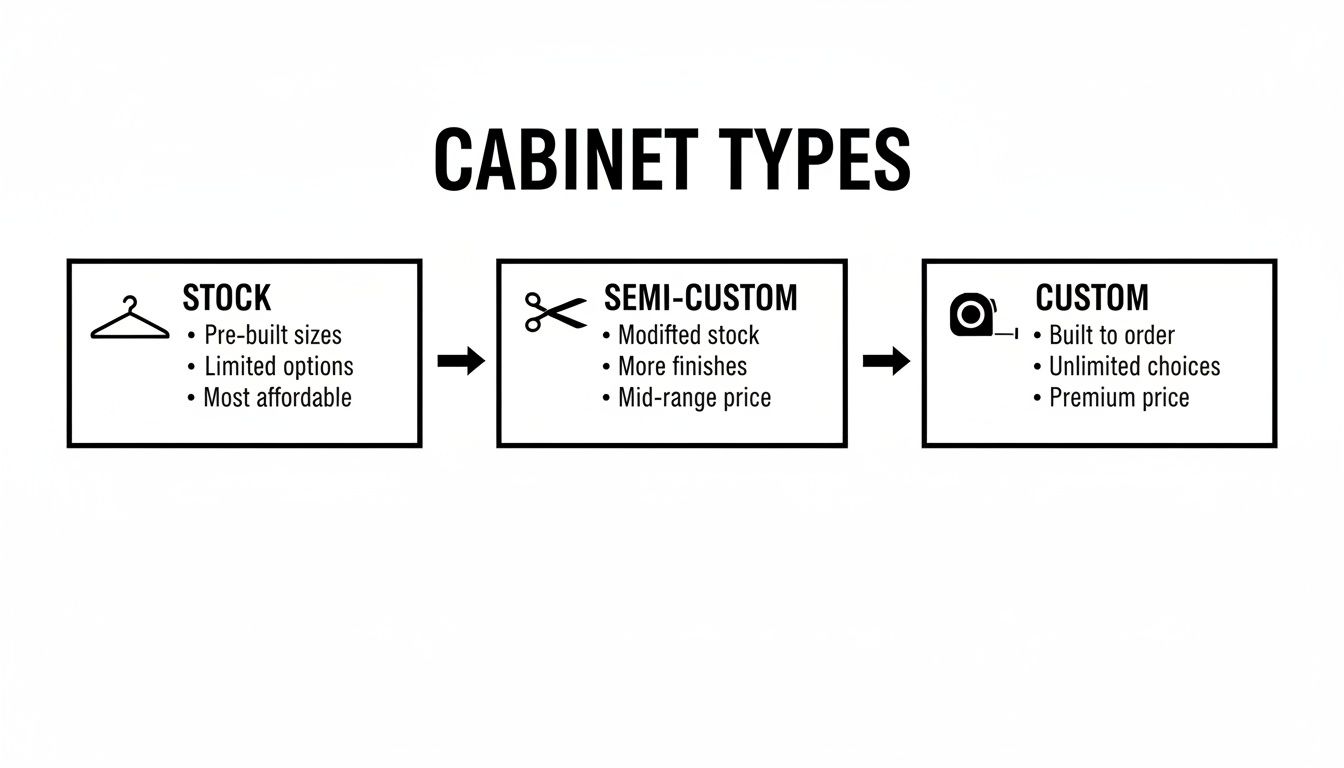 Infographic detailing three cabinet types: Stock, Semi-Custom, and Custom, with their features and pricing.