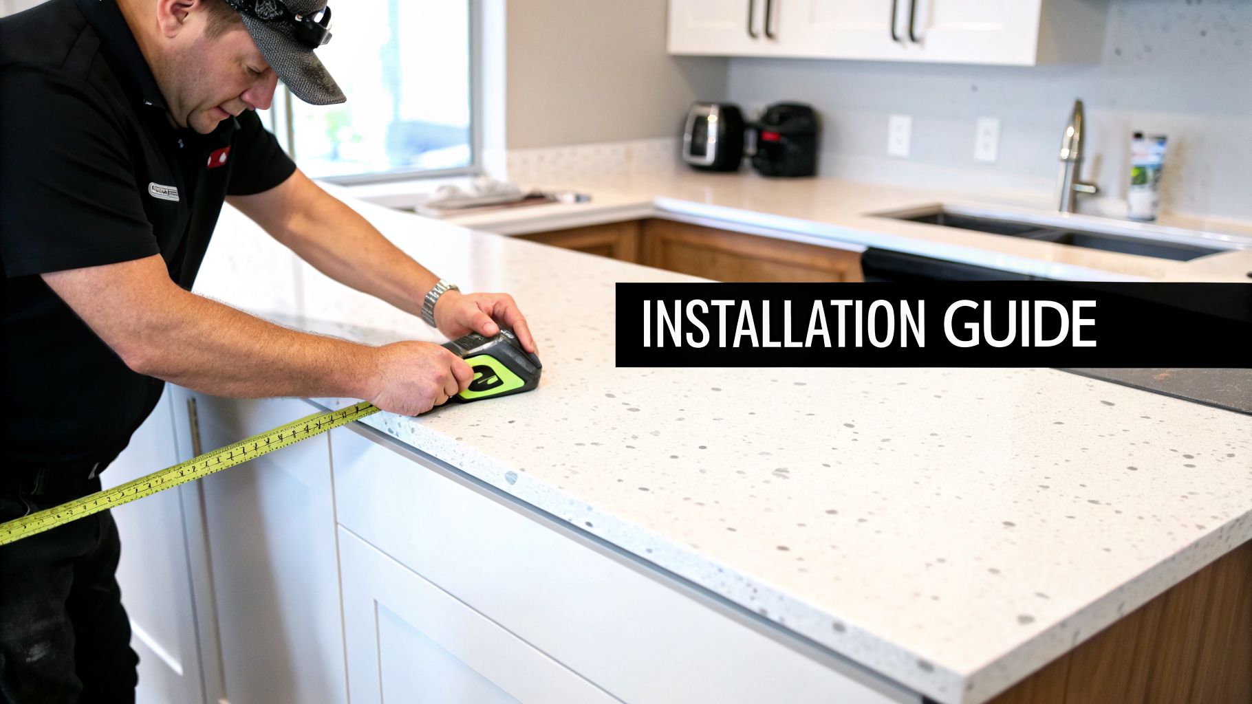 A man measures a white quartz kitchen countertop with a tape measure and laser device during installation.