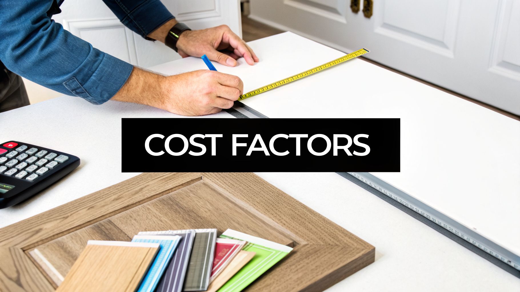 A person measures a countertop with a tape, next to cabinet samples, a calculator, and 'COST FACTORS' text.