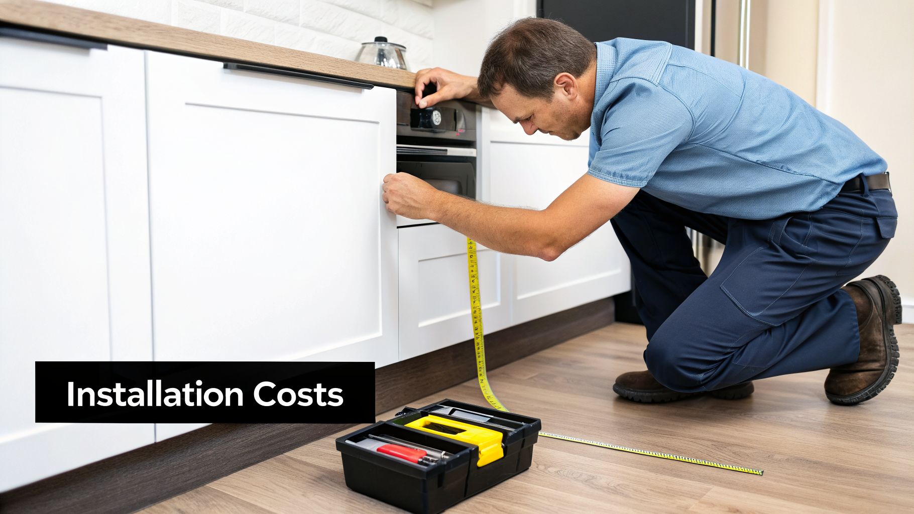 A man in a blue shirt kneels, measuring white kitchen cabinets with a yellow tape measure, a toolbox on the floor.