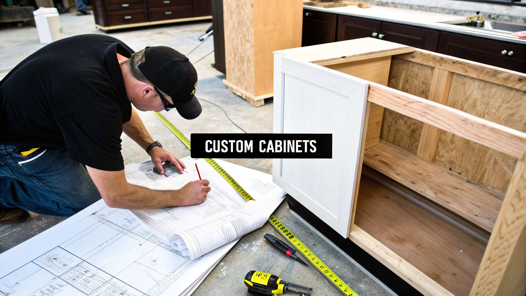 A man sketches custom cabinet designs on blueprints with a pencil, next to a partially built cabinet.