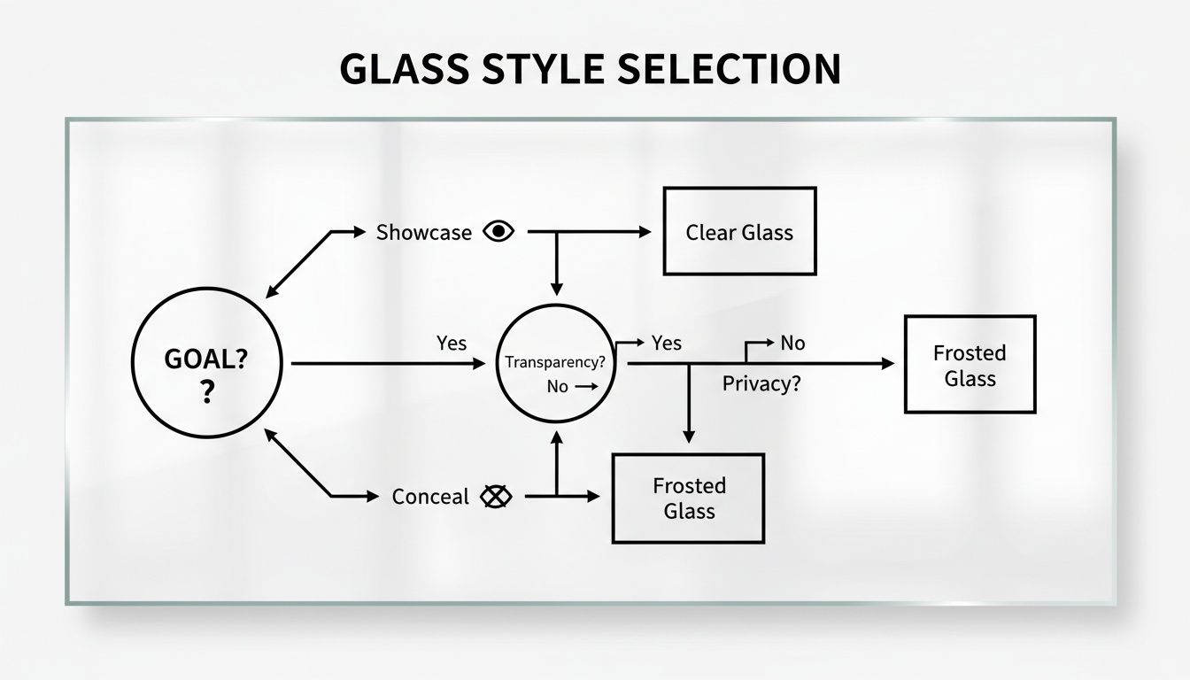 Flowchart illustrating the selection of glass styles: Clear glass for showcasing, frosted glass for concealment and privacy.