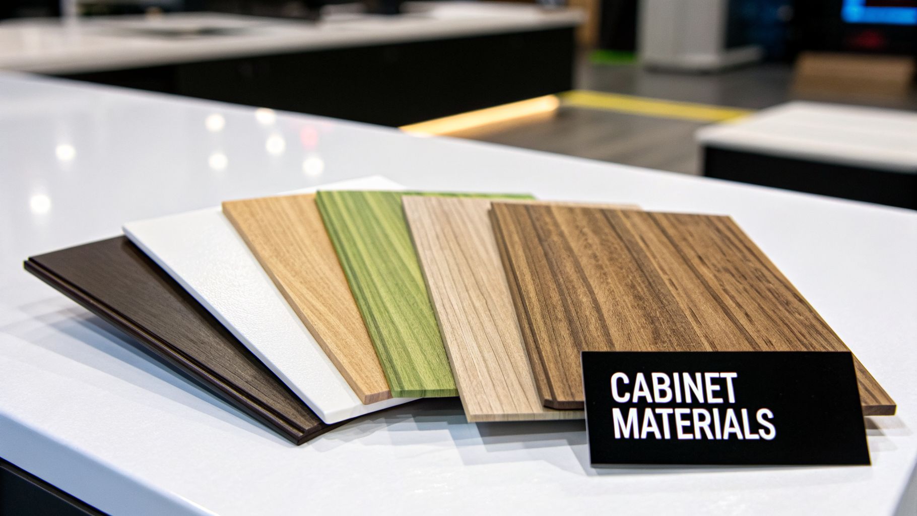 Various cabinet material samples, including diverse wood grains, green, white, and dark brown, on display.