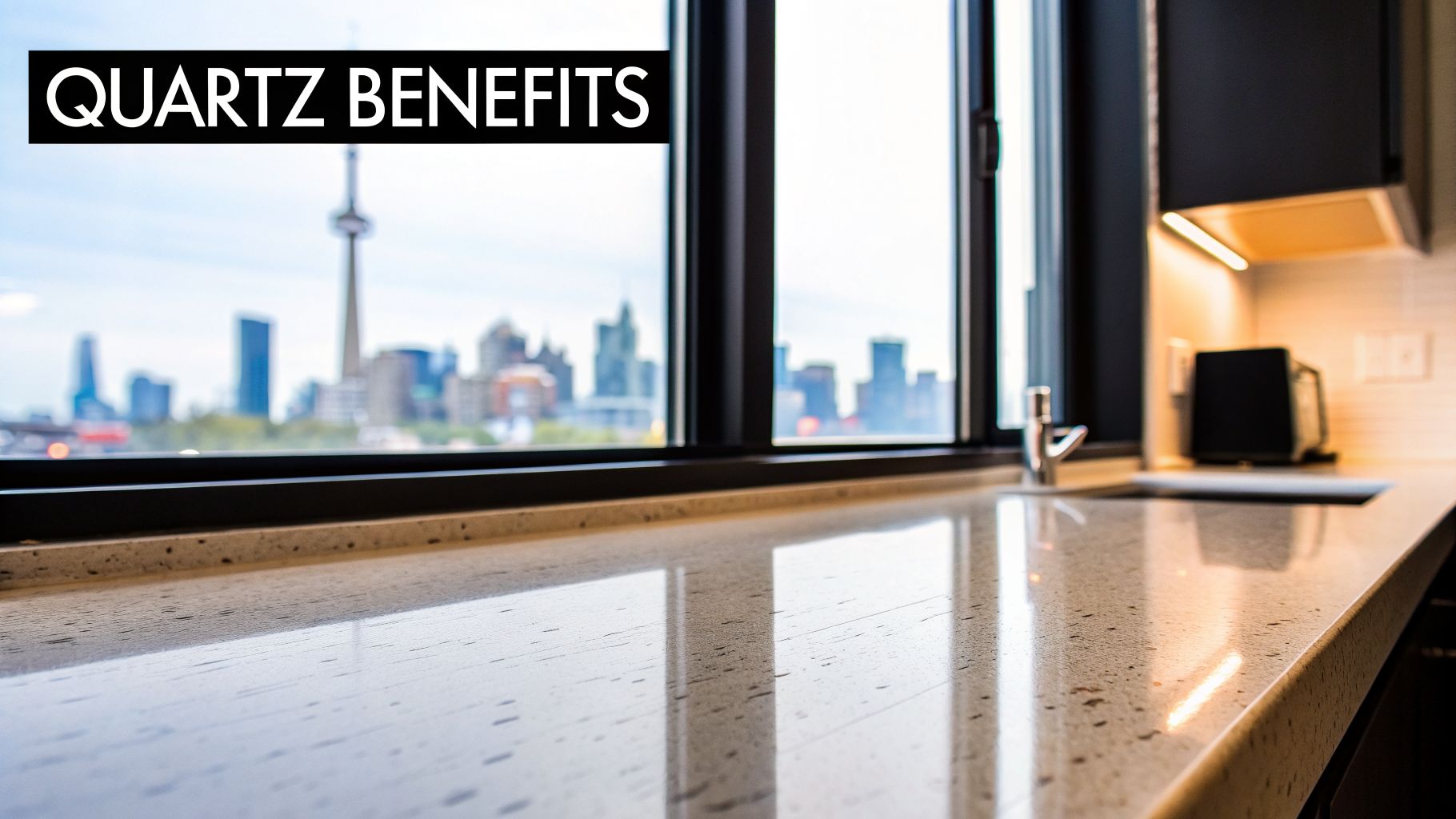 Modern kitchen with a gleaming quartz countertop, sink, and a scenic city skyline view.